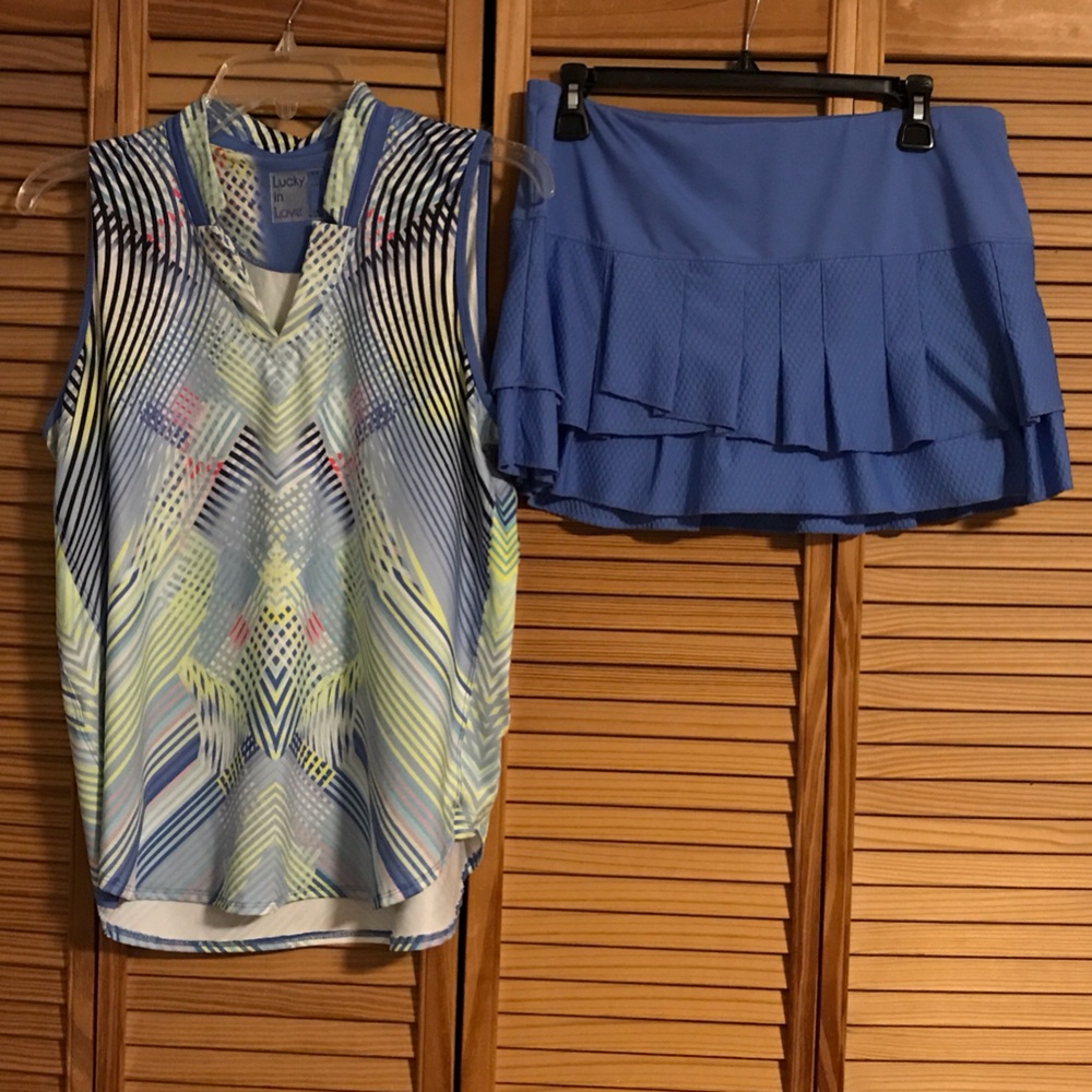 Lucky In Love Sleeveless Polo Shirt and Blue Pleated Women's Skort Sz 12 EUC